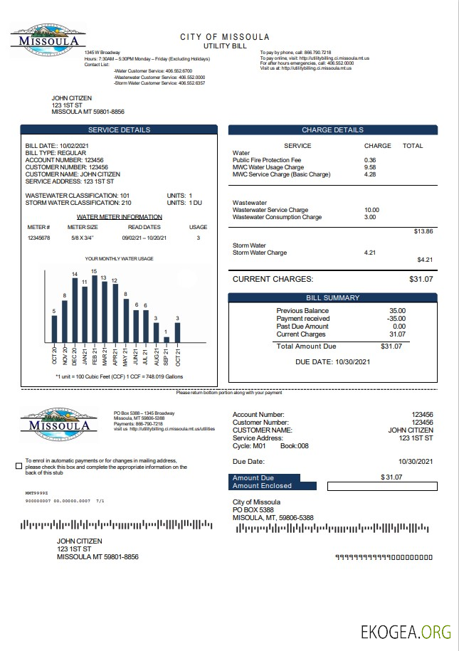 USA City of Missoula utility bill template in Word and PDF format